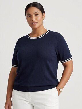Lauren Ralph Lauren Navy Silk Blend Short Sleeve Knit Sweater Tee Plus 2X